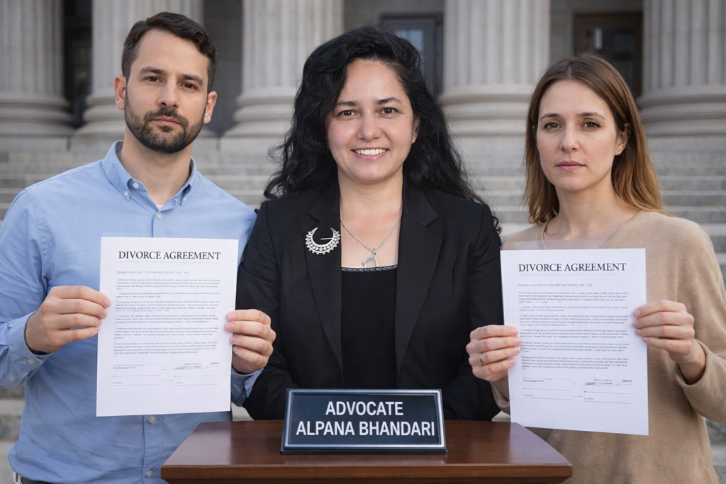 Advocate Alpana Bhandari assisting husband and wife with mutual consent divorce process in Kathmandu law office