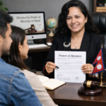 Advocate Alpana Bhandari explaining divorce through power of attorney process in Nepal to clients in her law office