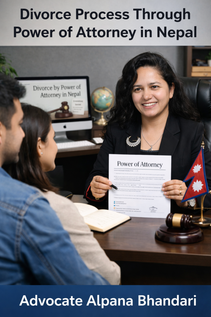 Advocate Alpana Bhandari explaining divorce through power of attorney process in Nepal to clients in her law office