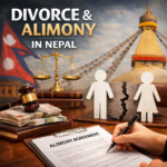 "Divorce and alimony in Nepal concept with legal documents, gavel, scales of justice, and symbolic broken couple representing legal support and financial settlements.